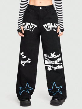 ROMWE J-Fashion Jeans Con Patron De Letras Y Estrellas