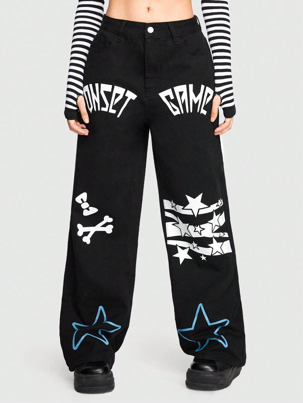 ROMWE J-Fashion Jeans Con Patron De Letras Y Estrellas