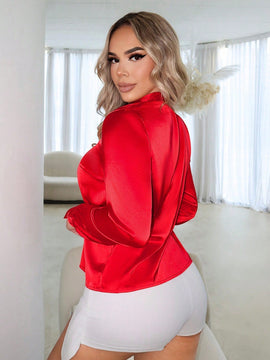 SXY Blusa De Manga Larga Con Cuello De Corbata Satinado Brillante, Ropa De Mujer De Primavera Para Cumpleanos, Dia De San Valentin Y Despedida De Soltera