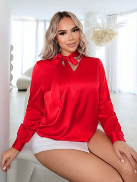 SXY Blusa De Manga Larga Con Cuello De Corbata Satinado Brillante, Ropa De Mujer De Primavera Para Cumpleanos, Dia De San Valentin Y Despedida De Soltera