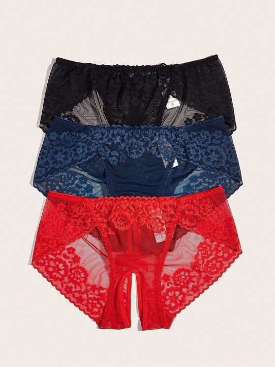 Classic Sexy 3 Piezas/Conjunto Tangas Sexys De Encaje De Talla Unica Con Decoracion De Lazo