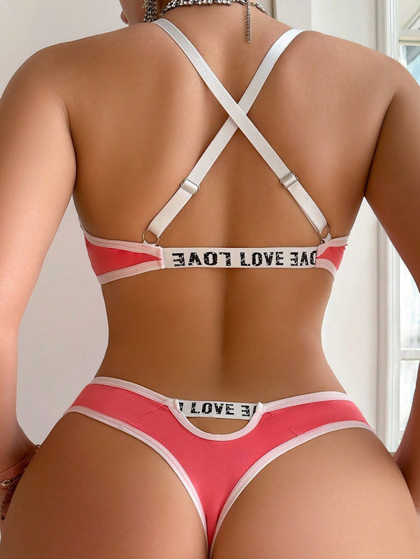 Conjunto De Bralette Y Short Con Estampado De Letras Y Tirantes