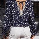 Clasi Camisa Con Lazo Frontal Transparente De Malla Bordada Con Patchwork Floral Azul Para Mujer