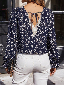 Clasi Camisa Con Lazo Frontal Transparente De Malla Bordada Con Patchwork Floral Azul Para Mujer