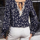 Clasi Camisa Con Lazo Frontal Transparente De Malla Bordada Con Patchwork Floral Azul Para Mujer