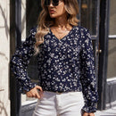 Clasi Camisa Con Lazo Frontal Transparente De Malla Bordada Con Patchwork Floral Azul Para Mujer