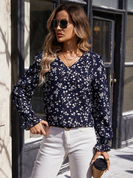 Clasi Camisa Con Lazo Frontal Transparente De Malla Bordada Con Patchwork Floral Azul Para Mujer