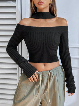 EZwear Sueter Corto Con Cuello Halter Y Mangas Largas Ahuecadas
