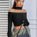 EZwear Sueter Corto Con Cuello Halter Y Mangas Largas Ahuecadas
