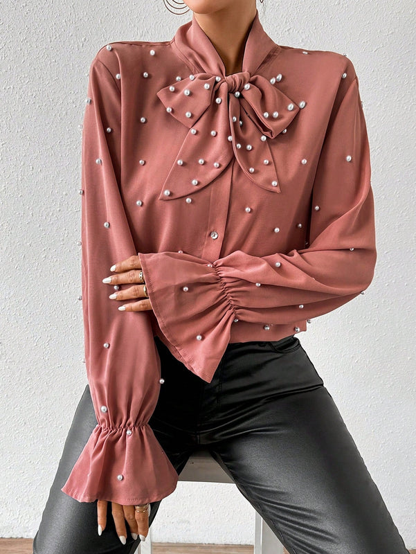 Prive Blusa Con Mangas Farol Y Cuello Anudado Con Cuentas