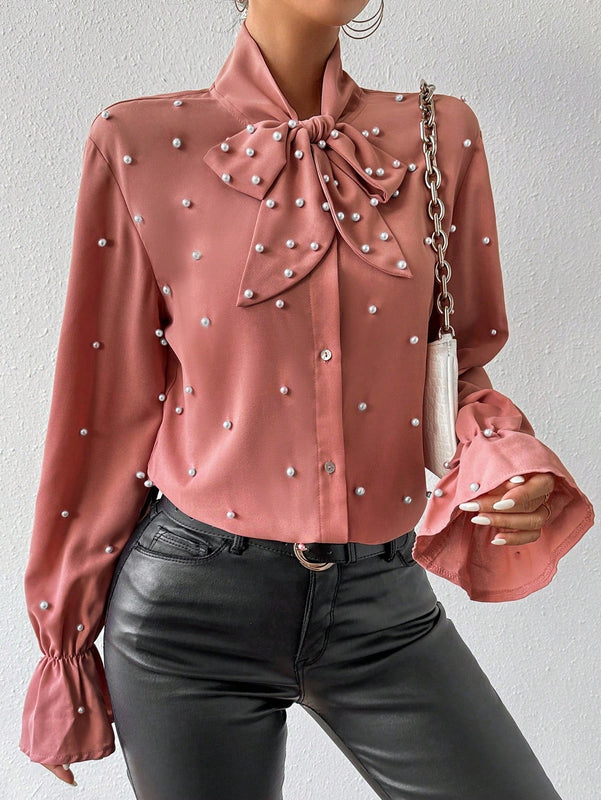Prive Blusa Con Mangas Farol Y Cuello Anudado Con Cuentas