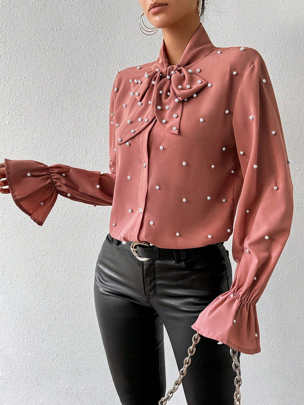 Prive Blusa Con Mangas Farol Y Cuello Anudado Con Cuentas