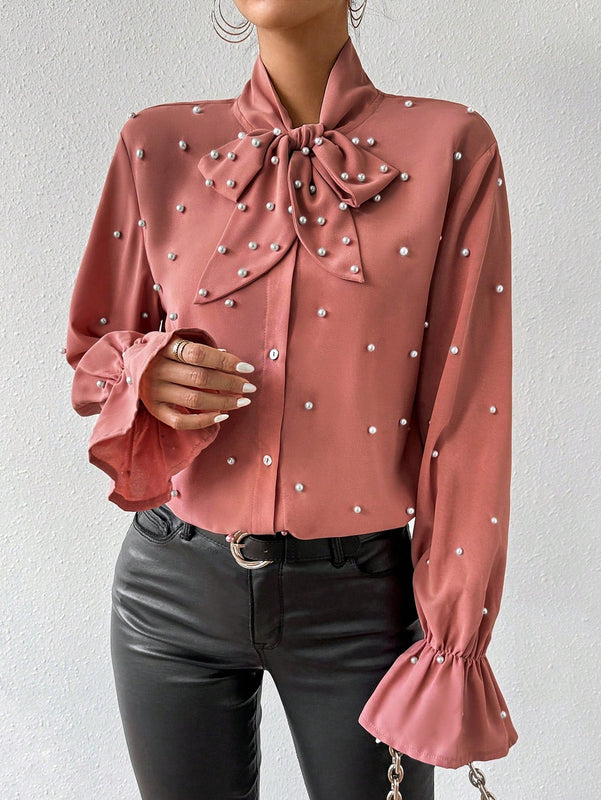 Prive Blusa Con Mangas Farol Y Cuello Anudado Con Cuentas
