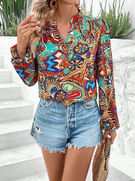 VCAY Blusa De Manga De Farol Impreso Completo