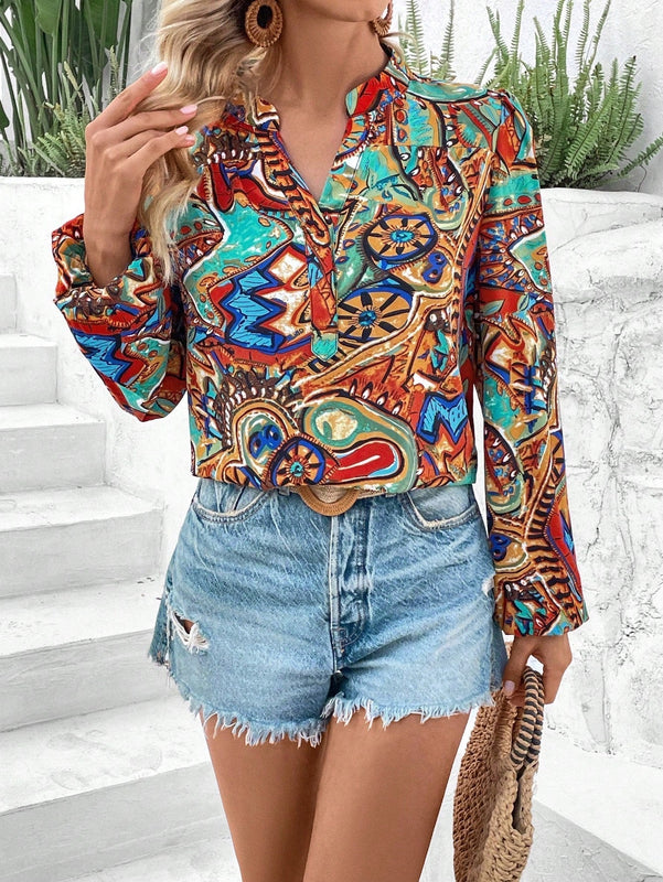 VCAY Blusa De Manga De Farol Impreso Completo