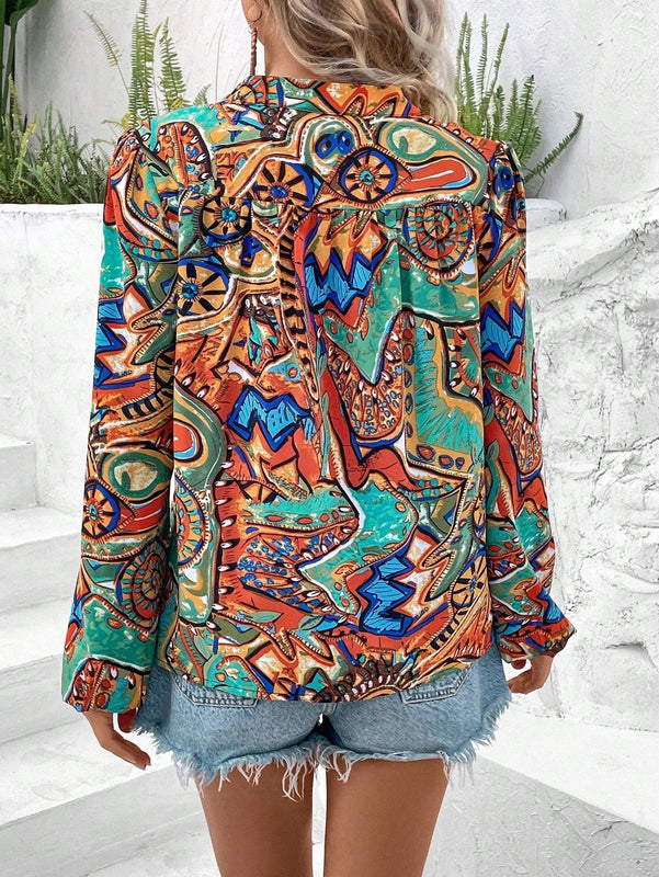 VCAY Blusa De Manga De Farol Impreso Completo