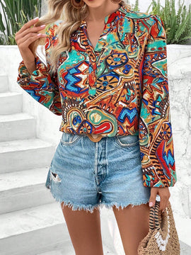 VCAY Blusa De Manga De Farol Impreso Completo