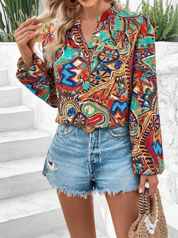 VCAY Blusa De Manga De Farol Impreso Completo