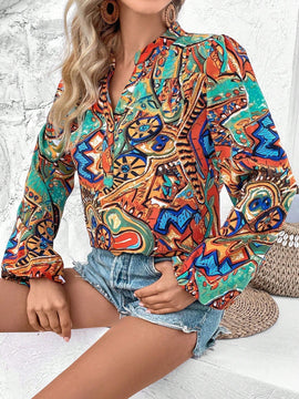VCAY Blusa De Manga De Farol Impreso Completo