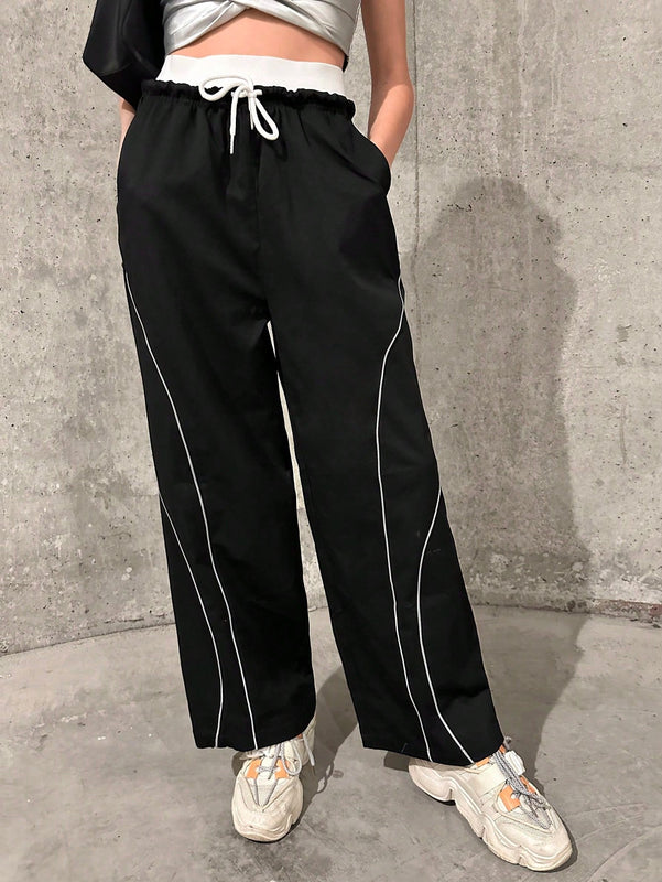 Pantalones Largos Con Cintura Con Cordon Y Dobladillo Enrollado De Color En Contraste Para Mujer