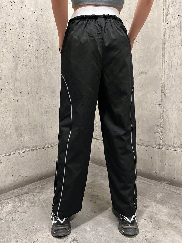 Pantalones Largos Con Cintura Con Cordon Y Dobladillo Enrollado De Color En Contraste Para Mujer