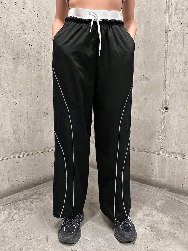 Pantalones Largos Con Cintura Con Cordon Y Dobladillo Enrollado De Color En Contraste Para Mujer