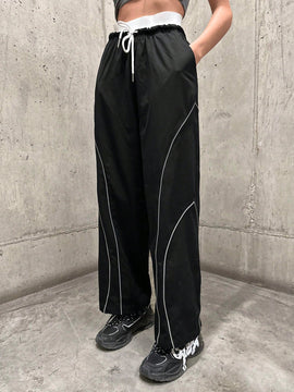 Pantalones Largos Con Cintura Con Cordon Y Dobladillo Enrollado De Color En Contraste Para Mujer