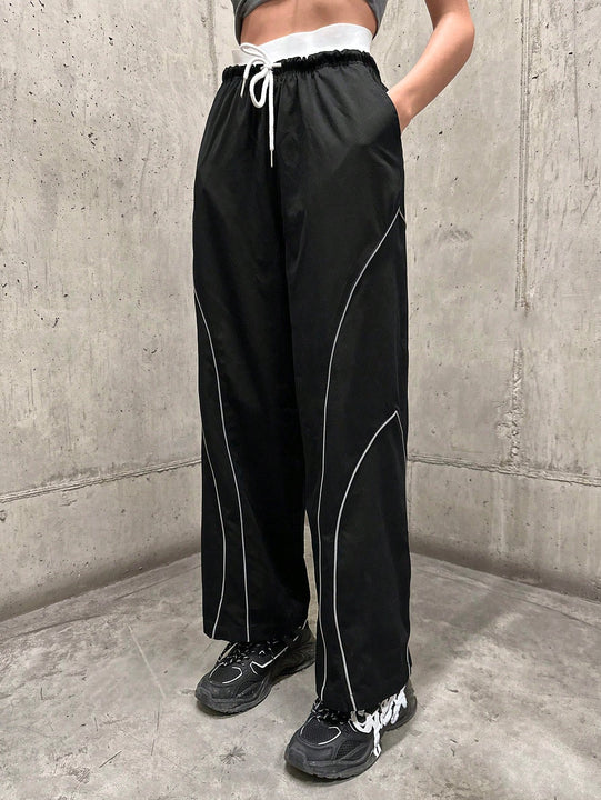 Pantalones Largos Con Cintura Con Cordon Y Dobladillo Enrollado De Color En Contraste Para Mujer
