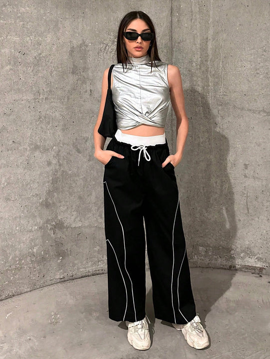 Pantalones Largos Con Cintura Con Cordon Y Dobladillo Enrollado De Color En Contraste Para Mujer