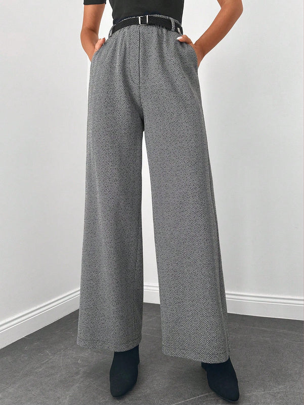 Pantalones de cintura alta y pierna ancha de espiga sin cinturon