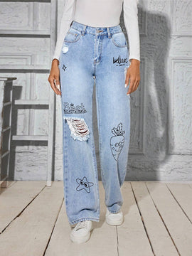 Jeans Lavados Y Desgastados Con Estampado De Carton