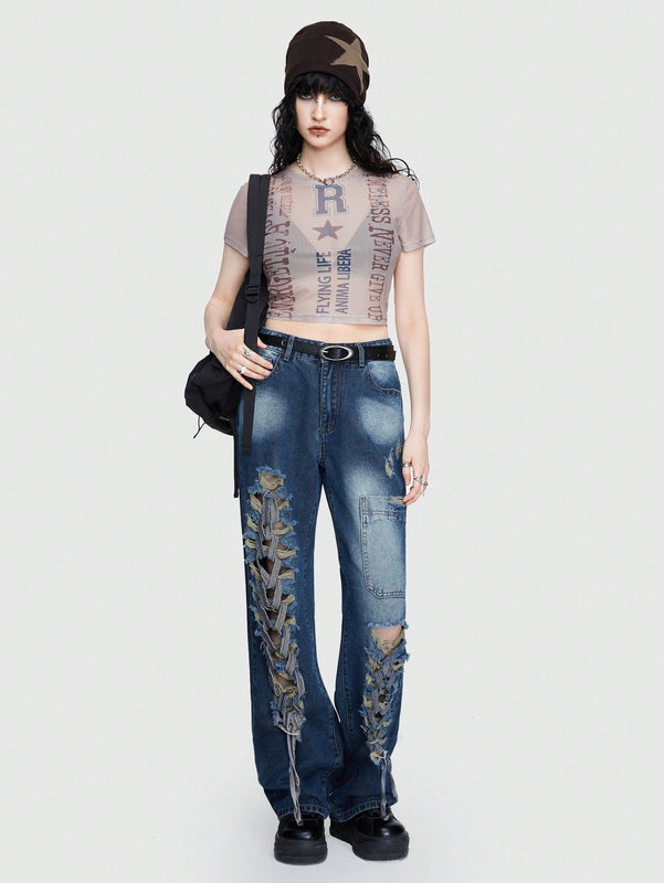 ROMWE Street Life Jeans Desgastados Irregulares Estilo Callejero Para Mujer Con Correa Desmontable