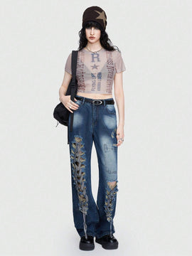 ROMWE Street Life Jeans Desgastados Irregulares Estilo Callejero Para Mujer Con Correa Desmontable