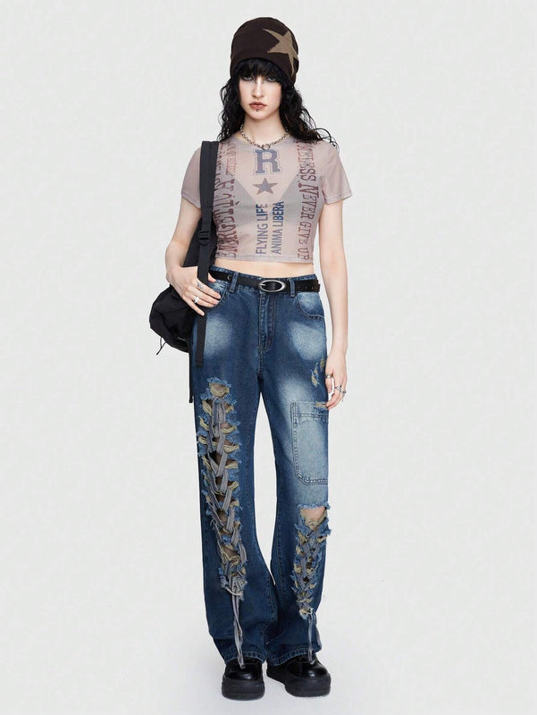 ROMWE Street Life Jeans Desgastados Irregulares Estilo Callejero Para Mujer Con Correa Desmontable