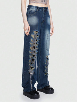 ROMWE Street Life Jeans Desgastados Irregulares Estilo Callejero Para Mujer Con Correa Desmontable