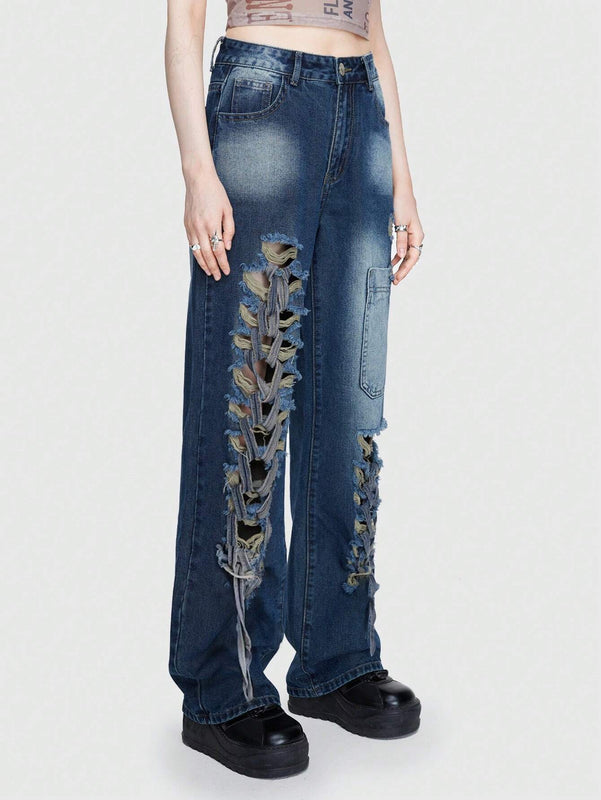 ROMWE Street Life Jeans Desgastados Irregulares Estilo Callejero Para Mujer Con Correa Desmontable