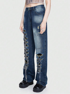 ROMWE Street Life Jeans Desgastados Irregulares Estilo Callejero Para Mujer Con Correa Desmontable