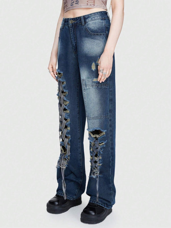 ROMWE Street Life Jeans Desgastados Irregulares Estilo Callejero Para Mujer Con Correa Desmontable