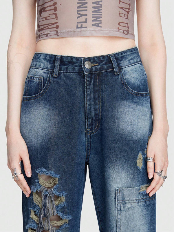 ROMWE Street Life Jeans Desgastados Irregulares Estilo Callejero Para Mujer Con Correa Desmontable
