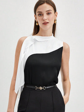 BIZwear Blusa De Mujer Sin Manga Con Dobladillo Asimetrico Y Bloque De Color