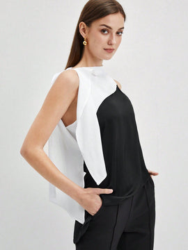 BIZwear Blusa De Mujer Sin Manga Con Dobladillo Asimetrico Y Bloque De Color