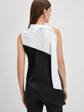 BIZwear Blusa De Mujer Sin Manga Con Dobladillo Asimetrico Y Bloque De Color
