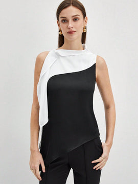 BIZwear Blusa De Mujer Sin Manga Con Dobladillo Asimetrico Y Bloque De Color