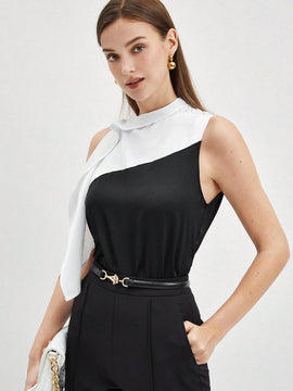 BIZwear Blusa De Mujer Sin Manga Con Dobladillo Asimetrico Y Bloque De Color
