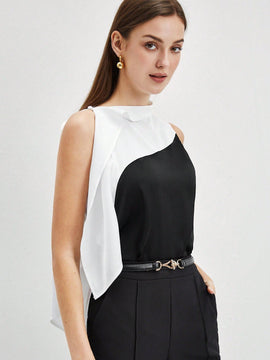 BIZwear Blusa De Mujer Sin Manga Con Dobladillo Asimetrico Y Bloque De Color