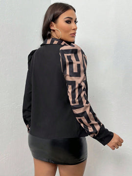 LUNE Blusa De Manga Abullonada Con Patron Geometrico