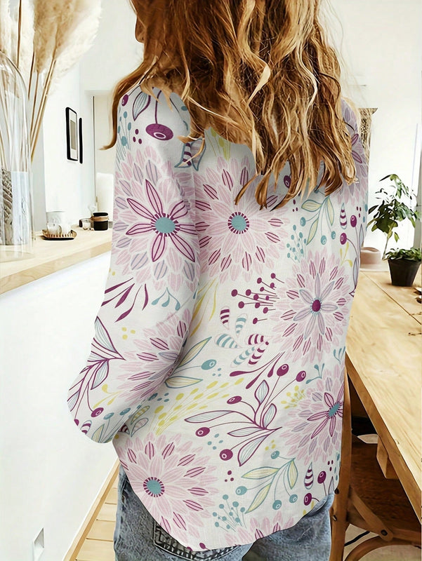 Camisa Casual De Manga Larga Con Estampado Floral Con Diseno Suelto Y Comodo Para La Piel