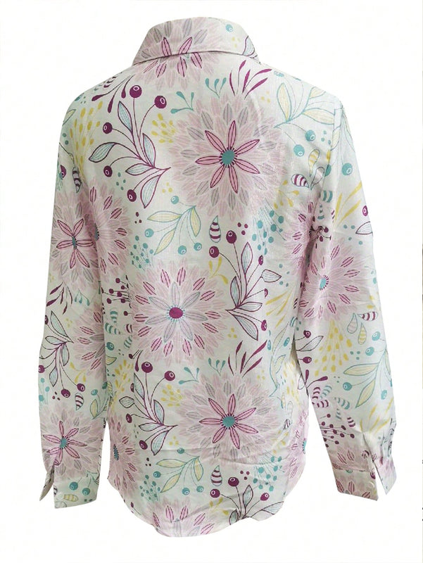 Camisa Casual De Manga Larga Con Estampado Floral Con Diseno Suelto Y Comodo Para La Piel
