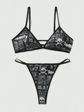 ROMWE Goth Conjunto De Sujetador Y Tanga De Mujer Con Impresion De Letras Y Calaveras