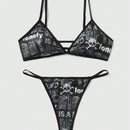 ROMWE Goth Conjunto De Sujetador Y Tanga De Mujer Con Impresion De Letras Y Calaveras